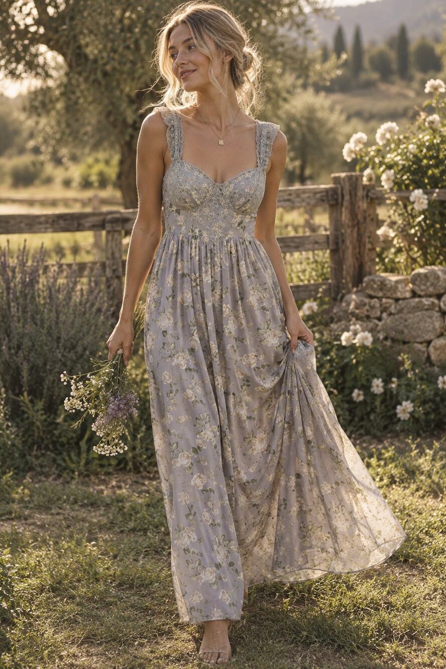 In Loom Romantic Whimsical Lace Corset Top Sheer Floral Maxi Size S